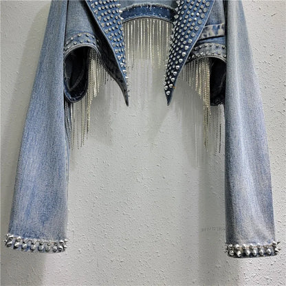 Beaded Denim Cropped Jacket