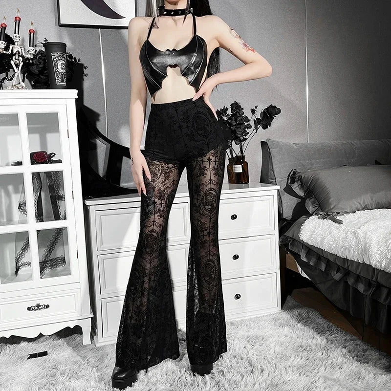 Y2K Gothic Lace Flare Mesh Pants