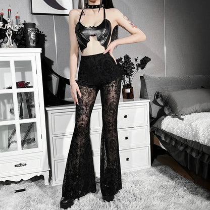 Y2K Gothic Lace Flare Mesh Pants