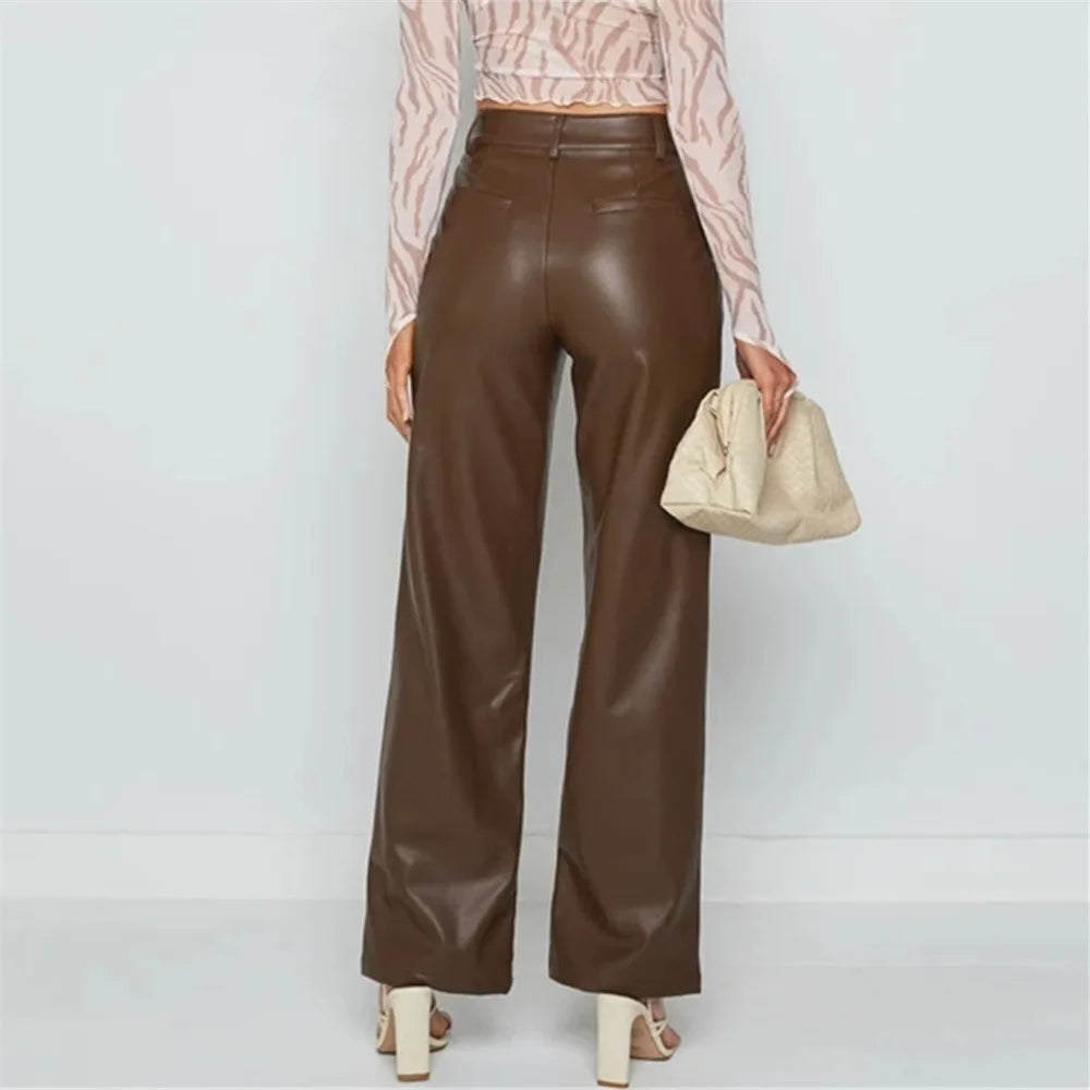 Solid Color High-Waist PU Pants