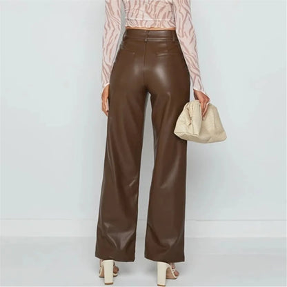Solid Color High-Waist PU Pants